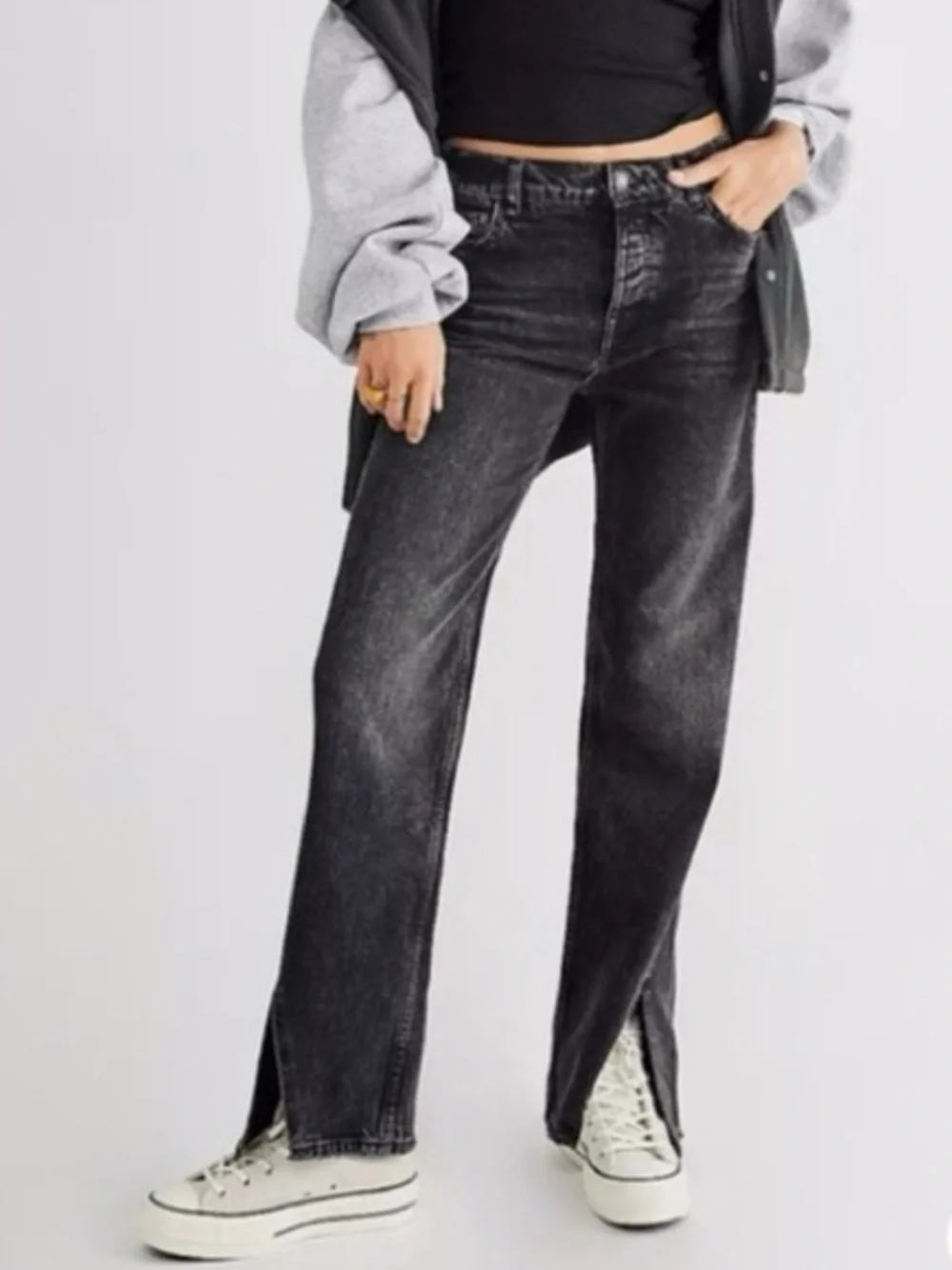 Free People Long Lines Slit Front High Rise Straight Leg Jeans Rockin Black 25 - Picture 2 of 8